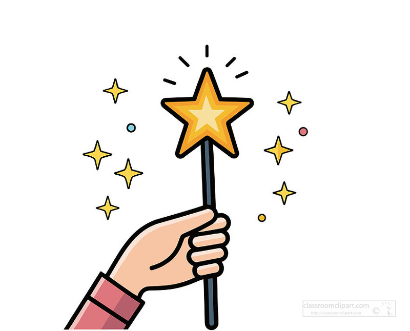 Bright cartoon illustration of a hand lifting a glowing star magic wand with sparkling stars great for fantasy themes classroom rewards and imaginative play resources