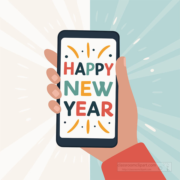 hand holding a smartphone displaying the words happy new year with festive bursts of color