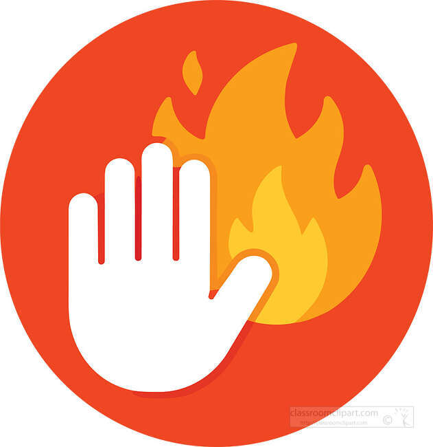 White hand in front of yellow and orange flames on a red circle background