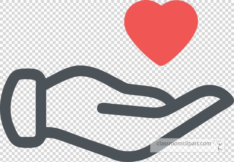 A hand is shown giving a red heart symbol representing affection and care. The design features a minimalist style over a clean white background conveying warmth and generosity.