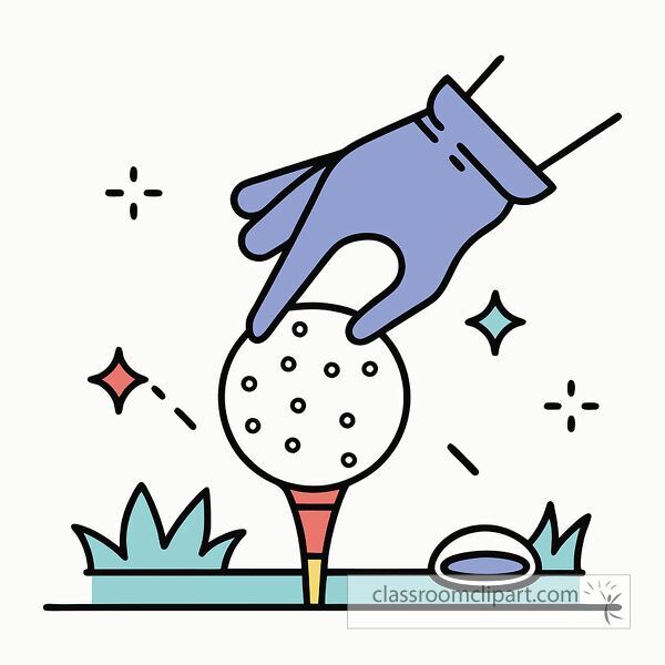 A hand wearing a blue glove is placing a golf ball on a tee, surrounded by grass and decorative sparkles.