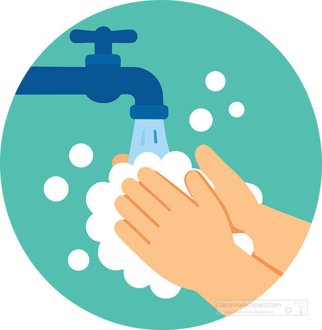 Hands being washed under running water with soap bubbles on a teal circle background