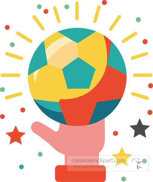 A hand holding a colorful handball with vibrant elements around it Clip Art