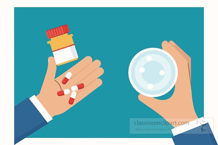 flat vector design showing hands with capsules in one and a glass of water in the other demonstrating taking medication