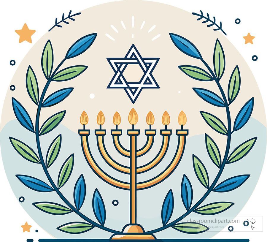 Vector illustration of Hanukkah menorah with candles and Star of David surrounded by decorative leaves suitable for teaching Jewish traditions holidays and Israel culture