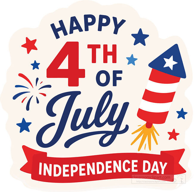 Happy 4th of July lettering with a striped firework rocket stars bursts and an Independence Day ribbon