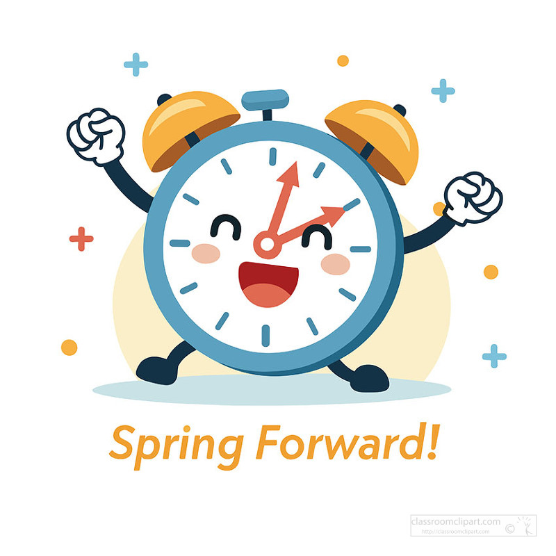 Cheerful alarm clock character celebrating spring forward daylight saving time