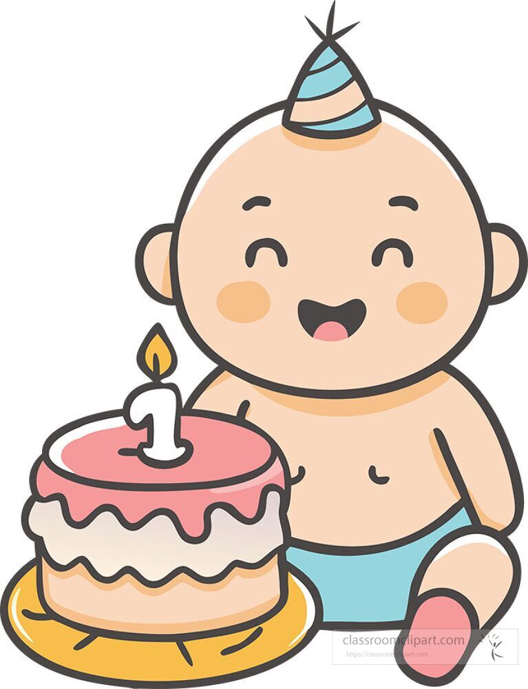 A joyful baby with a party hat sits beside a pink birthday cake featuring a single candle The child is smiling and appears to be celebrating their first birthday with excitement