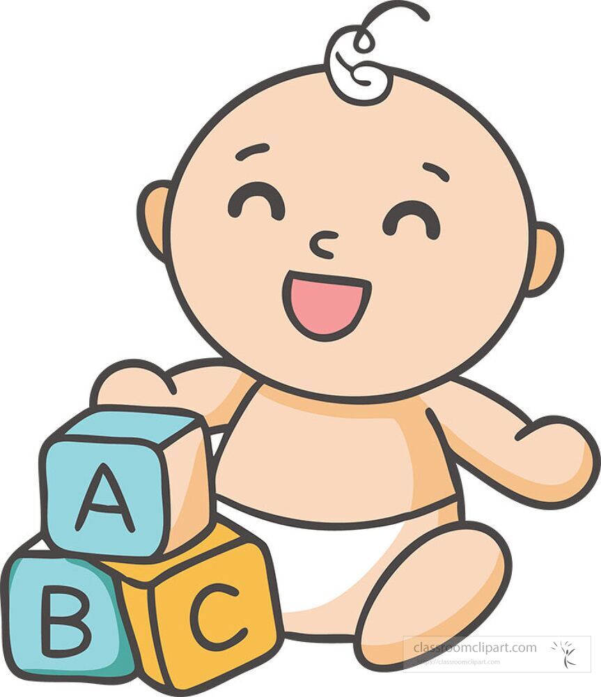 A cheerful baby sits on the floor with a big smile playing with colorful letter blocks labeled A B and C The infant enjoys exploring and learning through playtime activities