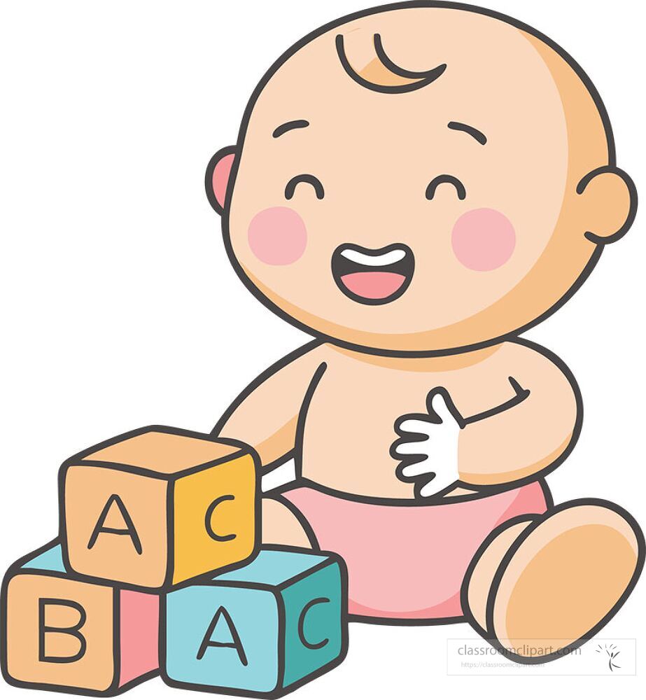 A joyful baby sits on the floor smiling while playing with bright colorful blocks marked with letters The baby is engaged and looks delighted as they explore their toys