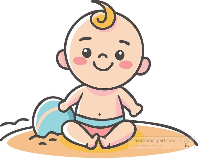 A cheerful baby with a curly hairstyle is sitting on warm sand happily playing with a small blue shovel and crafted sand The sun shines brightly in a cheerful atmosphere