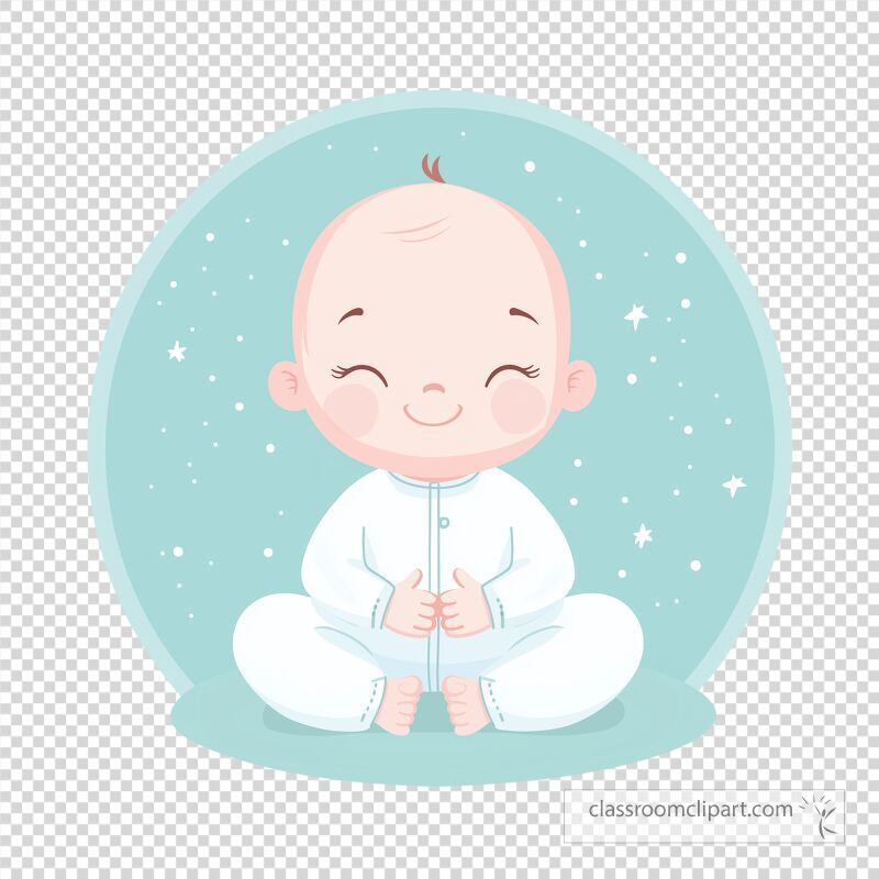 A cheerful baby sits cross legged on a soft surface with a gentle smile The background is calming with star like accents creating a peaceful atmosphere ideal for relaxation