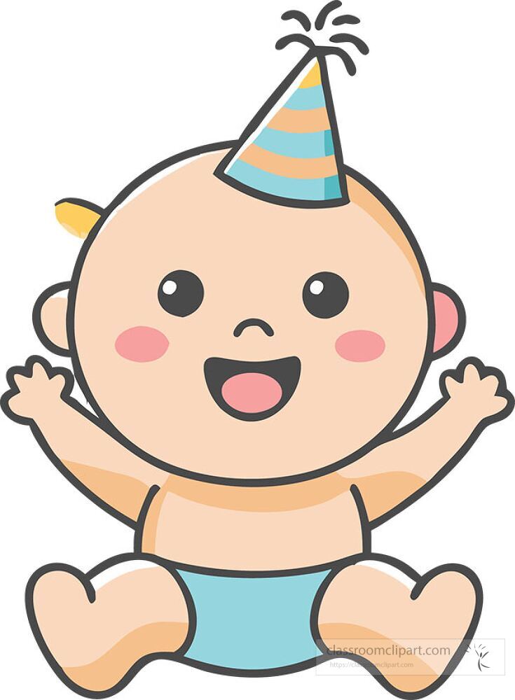 A cheerful baby sits with arms raised wearing a colorful party hat The baby has a joyful expression that radiates happiness and excitement for a festive occasion