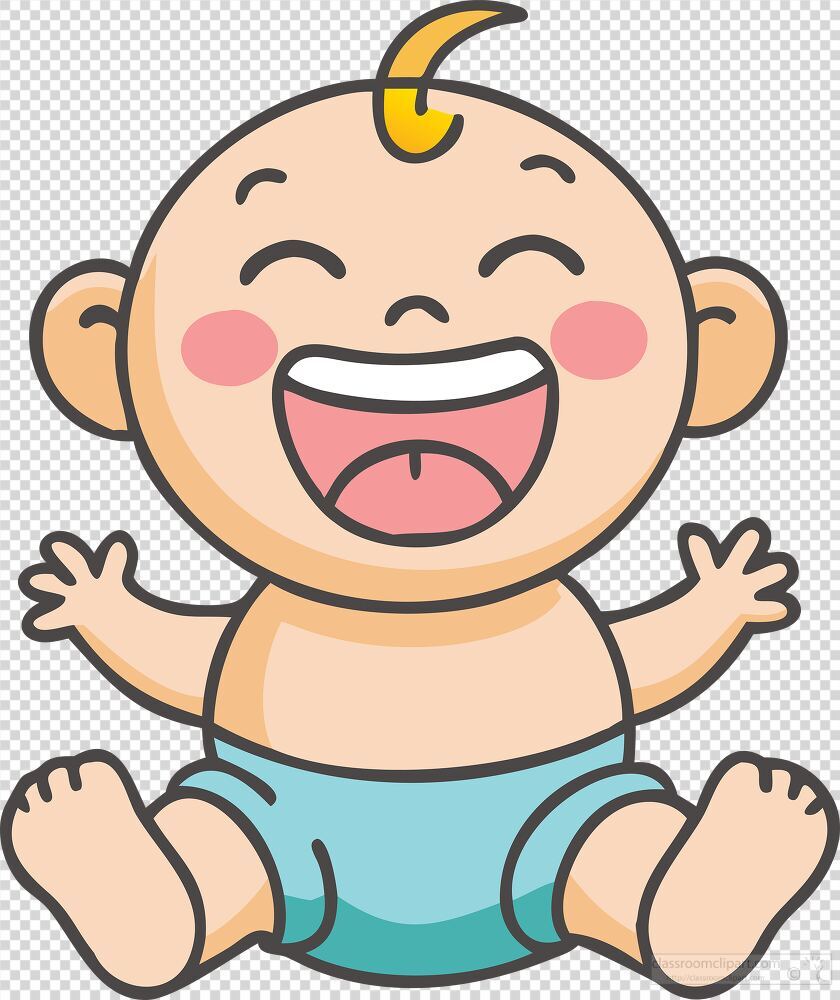 A joyful baby with a bright smile sits on the floor wearing light blue shorts. The baby expresses happiness while playfully waving arms and legs radiating pure delight.