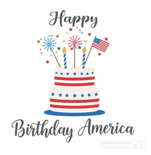 Patriotic birthday cake with candles fireworks American flag stars and Happy Birthday America lettering