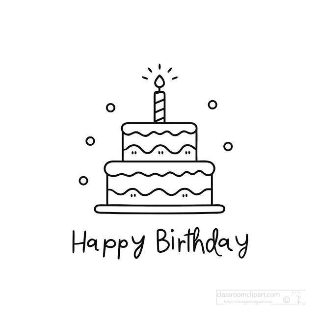 Black and white birthday cake with one candle bubbles and Happy Birthday lettering