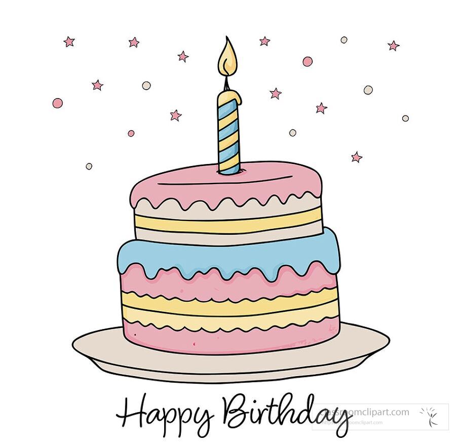 Clipart illustration of a colorful layered birthday cake with candle and stars with happy birthday text