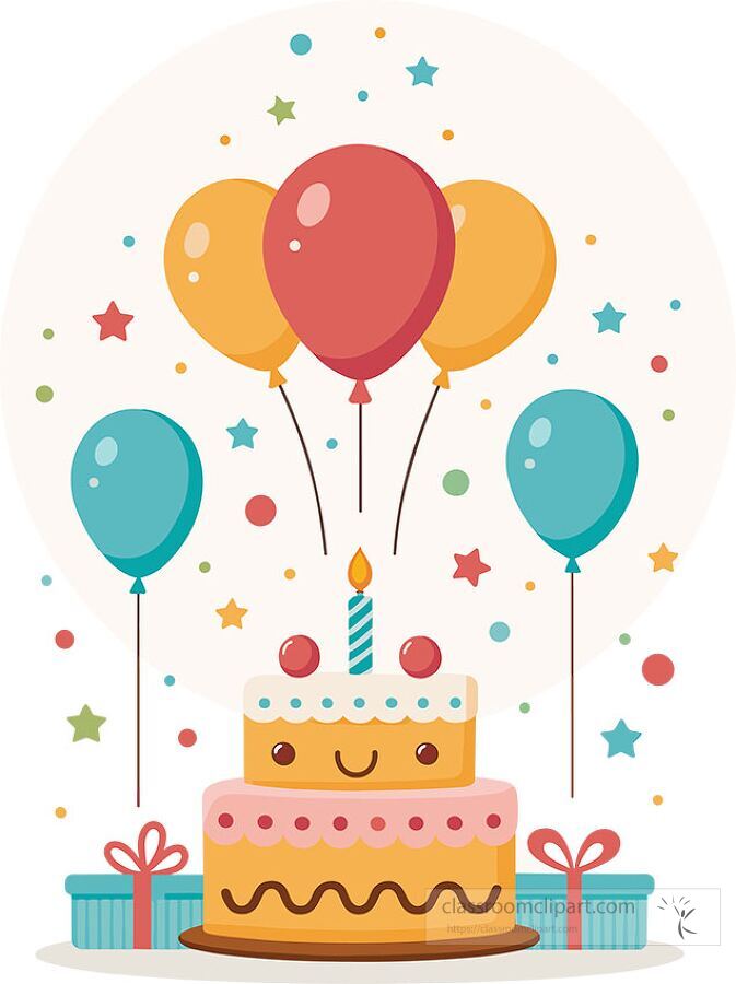 colorful birthday clipart showing a smiling birthday cake with a candle surrounded by balloons stars and presents ideal for party invitations and classroom decorations