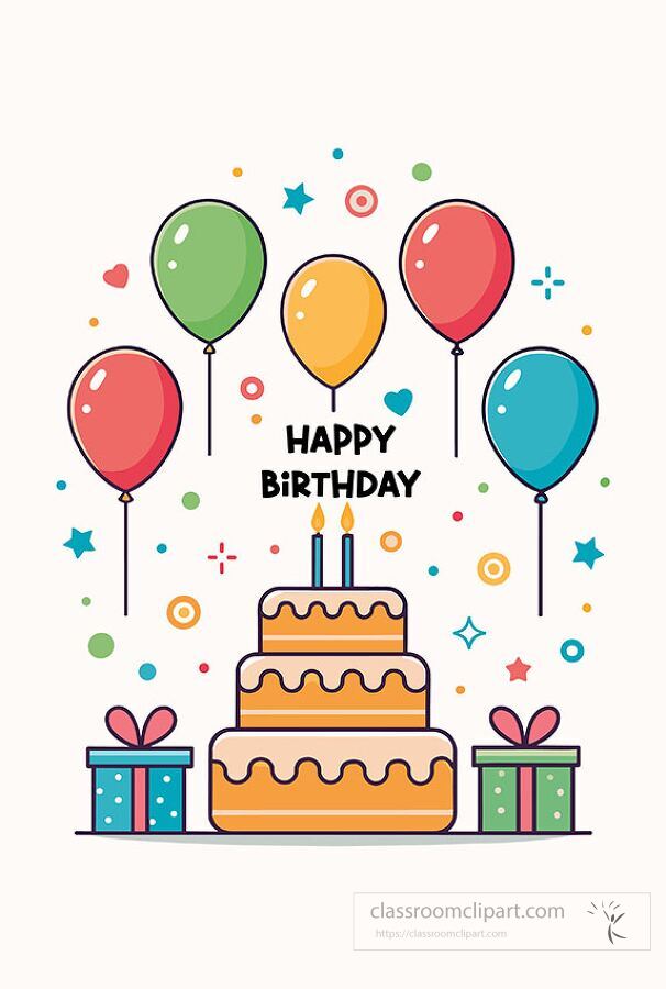 bright and cheerful birthday clipart featuring a cartoon cake with candles colorful balloons and gift boxes great for birthday announcements or classroom projects