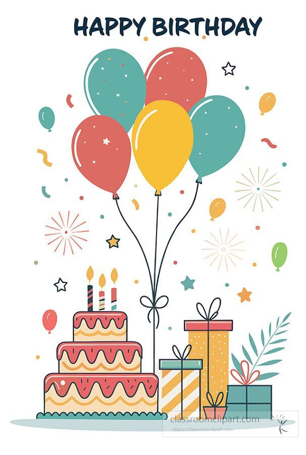 birthday party clipart with cake balloons fireworks and gift boxes perfect for classroom celebration materials and birthday greeting designs