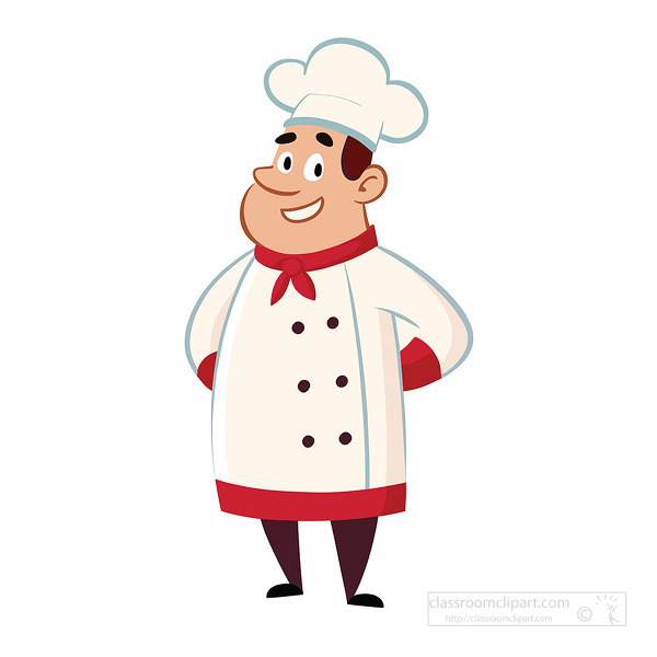 friendly cartoon chef stands confidently wearing a white chef coat red scarf and tall chef hat. The character has a warm smile