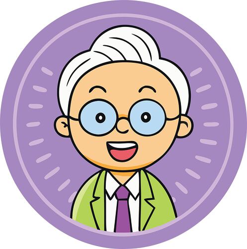 A smiling cartoon scientist with glasses, white hair, and a green suit on a purple background