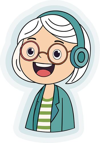 Cheerful sticker design showing a girl with glasses and headphones