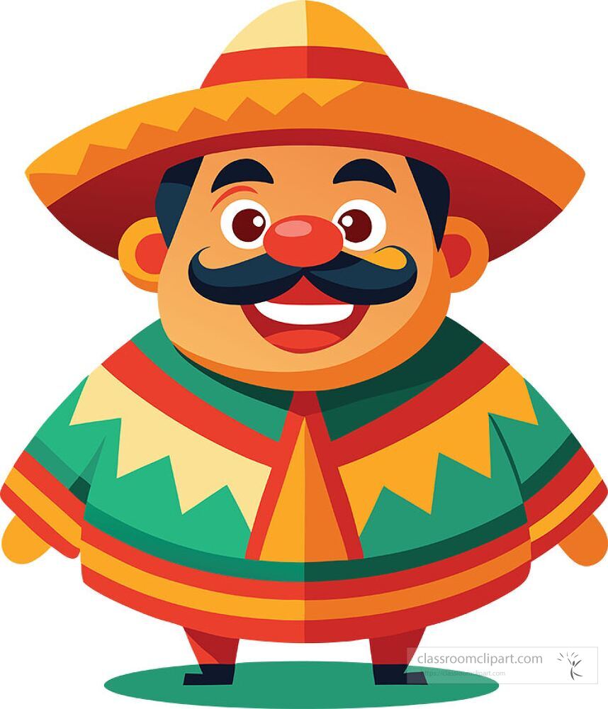 A joyful character is dressed in colorful traditional Mexican clothing complete with a large sombrero and a mustache The vibrant colors reflect festive culture and heritage