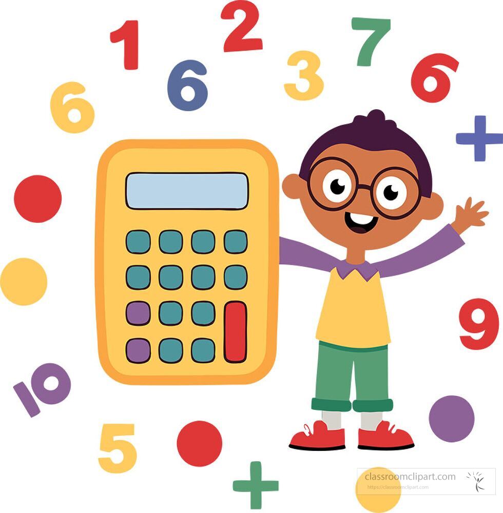 A joyful child stands next to a bright calculator surrounded by colorful numbers and symbols This clip art conveys a fun learning environment for mathematics