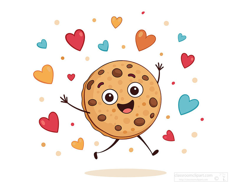 layful cartoon cookie with joyful expression surrounded by hearts on white background
