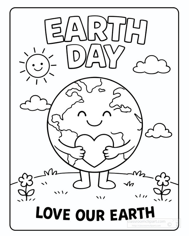 Happy earth holding a heart with sun and clouds designed for earth day coloring and environmental awareness