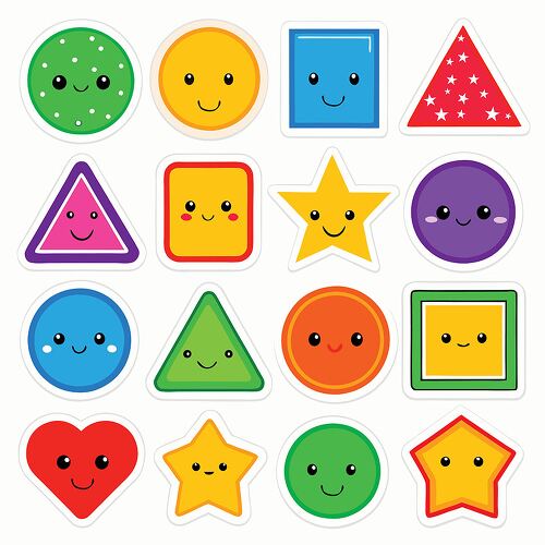 A collection of happy geometric shape stickers featuring hearts stars circles and squares