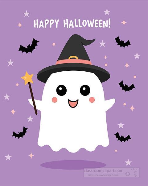  Halloween clipart ghost wearing a witch hat holding a magic wand with bats and stars in the background