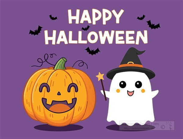 Cute ghost in a witch hat holding a wand standing next to a jack o lantern pumpkin with Happy Halloween tex