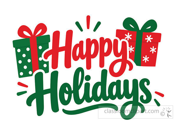 Red and green Happy Holidays lettering with two wrapped Christmas presents and playful decorative accents in a festive flat style