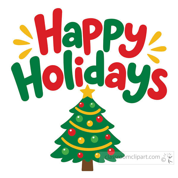 Red and green Happy Holidays lettering decorated with holly berries and five hanging Christmas ornaments in festive patterns