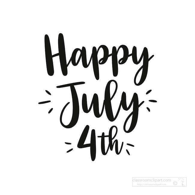 Happy July 4th lettering in black script with small accent marks on a white background