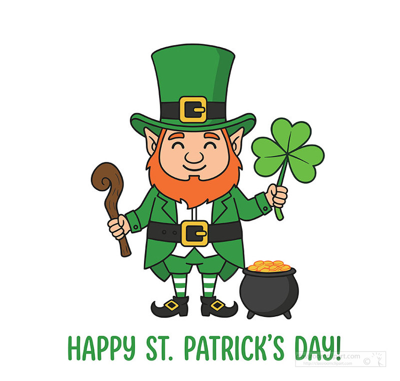 smiling leprechaun in green suit holding shamrock staff and pot of gold with happy st patricks day text