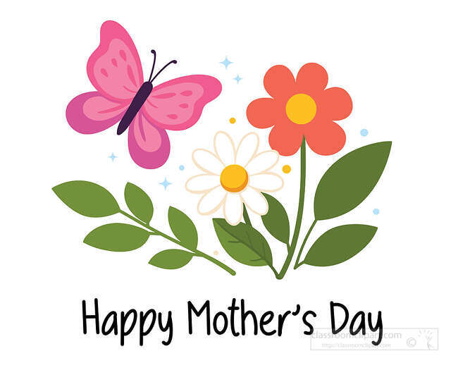 Happy Mothers Day text with a pink butterfly and flowers for greeting cards gift tags and spring celebration designs
