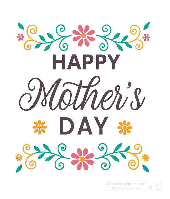 Happy Mothers Day text with decorative flowers leaves and swirls above and below the letterin