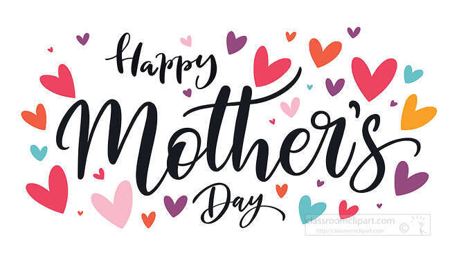 Elegant Mothers Day script lettering surrounded by bright hearts for greeting cards posters social graphics and printable crafts