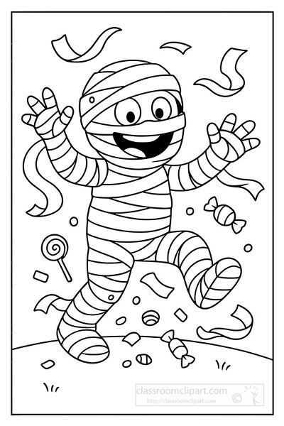 Halloween coloring page of a playful mummy unraveling while candy and sweets spill out surrounded by confetti fun activity for kids