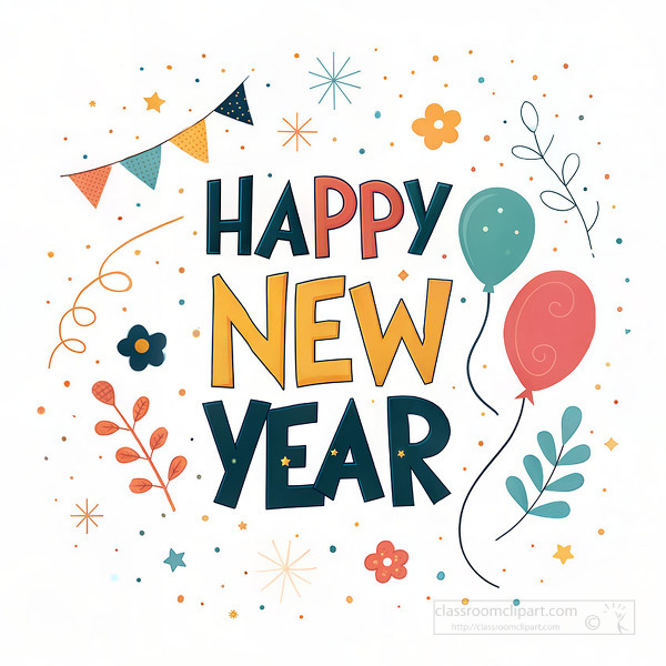 Happy new year text surrounded by balloons bunting flowers and confetti on white background
