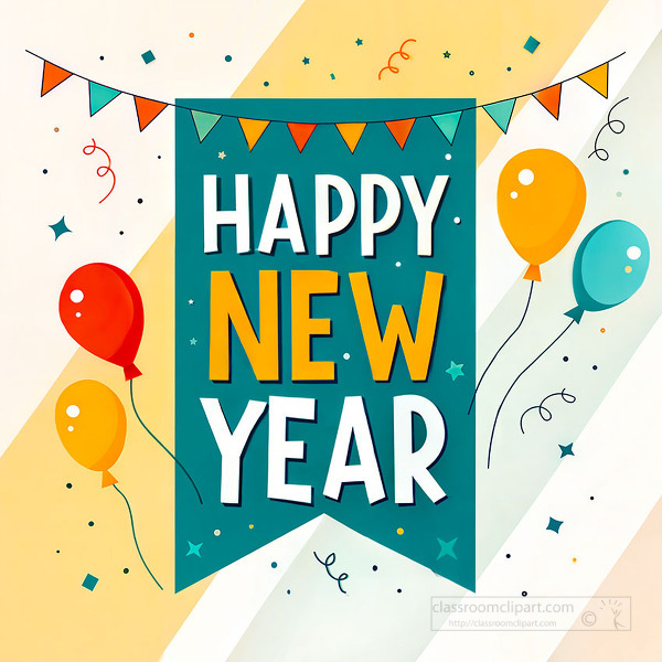 Happy new year text on teal banner with balloons and bunting on diagonal yellow background
