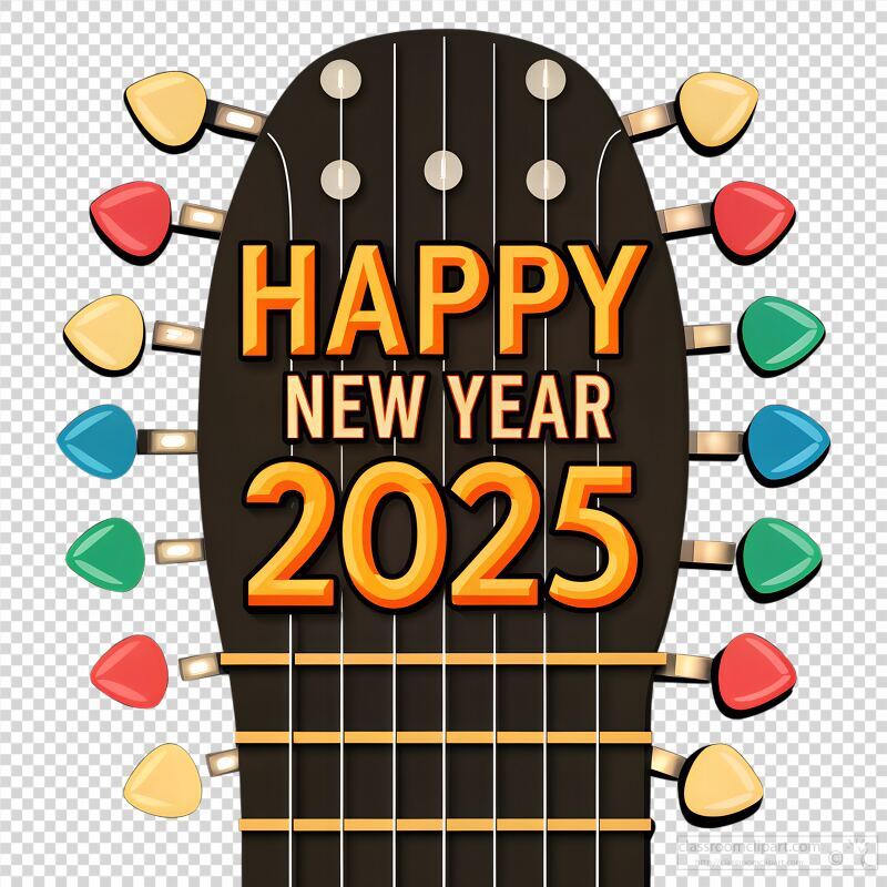 A vibrant typography design features a guitar neck adorned with colorful picks, conveying New Year wishes for 2025. Perfect for festive music lovers celebrating the occasion.