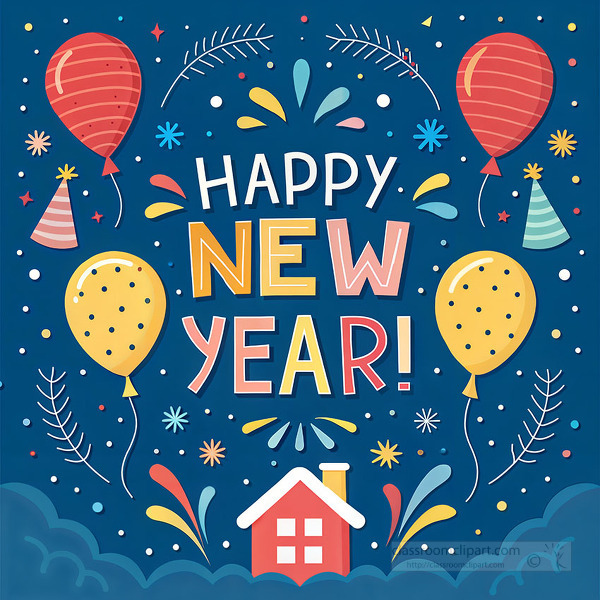 Happy new year text with balloons fireworks and small red house on blue background
