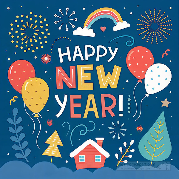 Happy new year text with balloons fireworks rainbow and small red house on dark blue sky