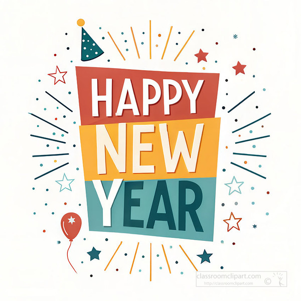 Happy new year text stacked in colorful blocks with confetti and starburst lines