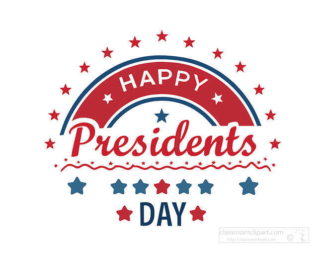 A bold Happy Presidents Day design with red blue stars and patriotic lettering works well for holiday displays and pages