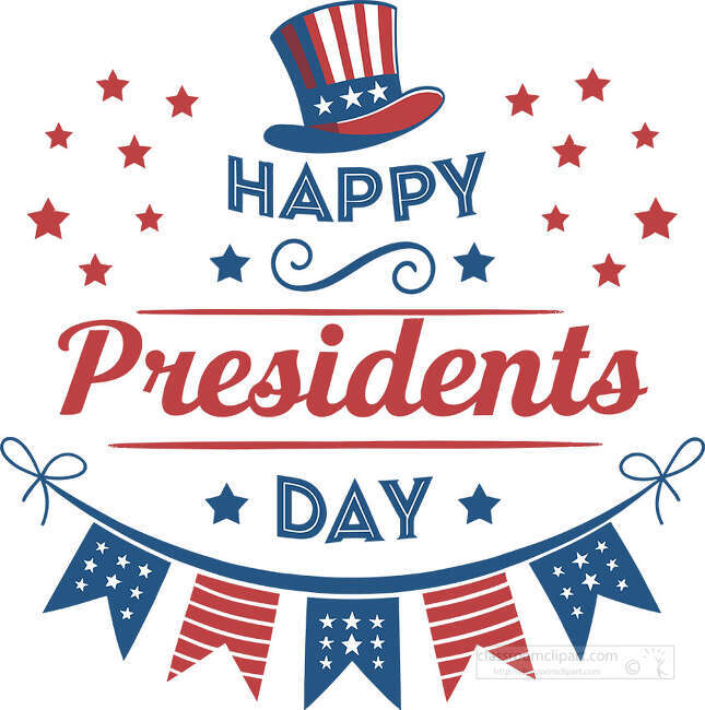 Patriotic Presidents Day lettering with a striped top hat stars and flag bunting in red white and blue